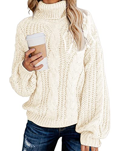 Fashionme 2021 Trendy Ballon Sleeve Winter Rollkragen Chunky Sweater Slouchy Oversized Pullover Jumper Outwear Warm Dick, Weiß, Groß von Fashionme