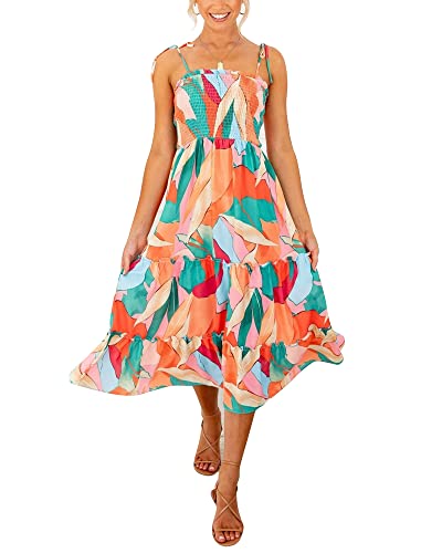 Fashionme Damen-Midi-Kleid, floral, Boho, fließend, elastisch, gerafft, Schulterriemen, Sphaghettiträger, gestufter Urlaub, Strand, Abschluss, 02-Mehrfarbig 1, X-Groß von Fashionme