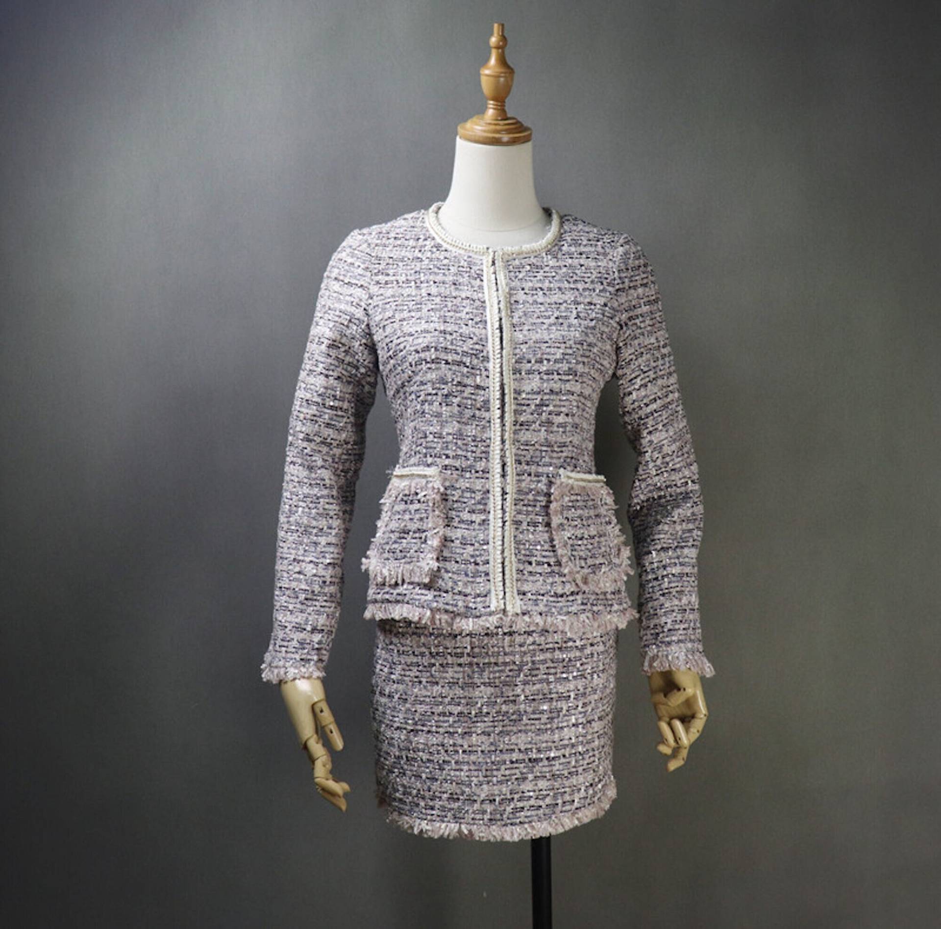 Damen Designer Inspiriert Custom Made Pailletten Tweed Quaste Blazer + Rock Anzug Schwarz von Fashionpioneer15