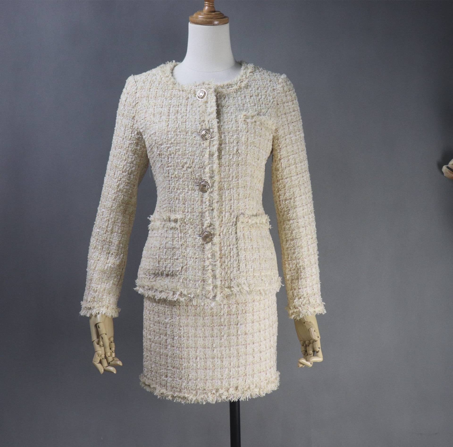 Frauen Custom Made Anzug Sparkle Fäden Kariert Tweed Hell Beige Jacke Mantel Blazer + Rock Formelle Für Hochzeit, Personalisiertes Geschenk von Fashionpioneer15