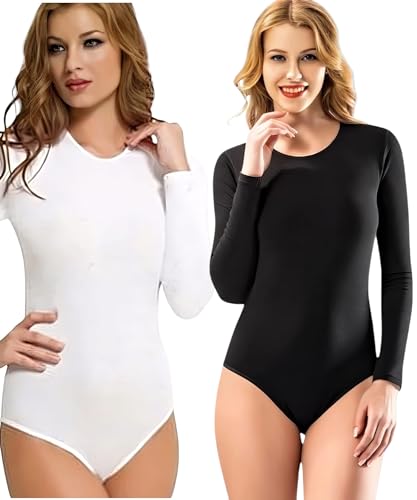 Fashionshowcase 2er Pack Damen Langarmbody Body langarm Winter Damenbody rund Hals Baumwolle elastisch blickdicht (Schwarz, L) von Fashionshowcase