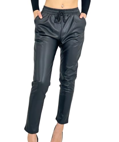 Fashionshowcase Damen Hose Kunstleder Lederhose Hose für Frauen Lederoptik Mittlere Taille mit Taschen und Gummizug (DE/NL/SE/PL, Alphanumerisch, L, Regular, Regular, Schwarz) von Fashionshowcase