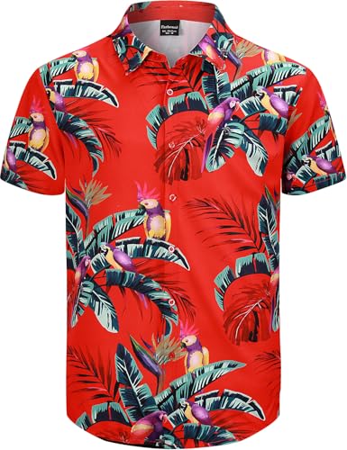 Fashonal Herren Hawaiihemd Button Down Tropical Beach Kurzarm Aloha Shirt, Retro Rot, L von Fashonal