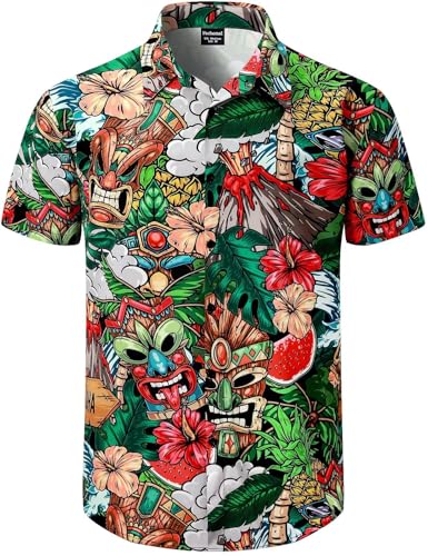 Fashonal Herren Hawaiihemd Button Down Tropical Beach Kurzarm Aloha Shirt, Tiki, L von Fashonal