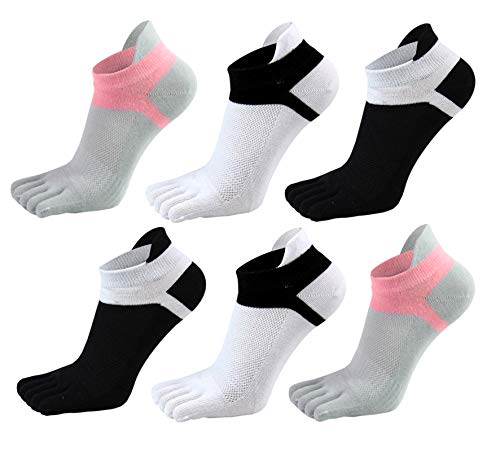 Damen Zehensocken 5 Finger Baumwolle Wicking Athletic 6er Pack, Schwarz, Weiß, Grau, Einheitsgröße von Fasot