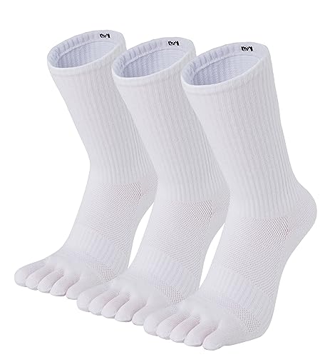 Herren Zehensocken Running Wicking Split Toe Crew 5 Finger Baumwolle Athletic 3er Pack, 3 Weiß, Einheitsgröße von Fasot