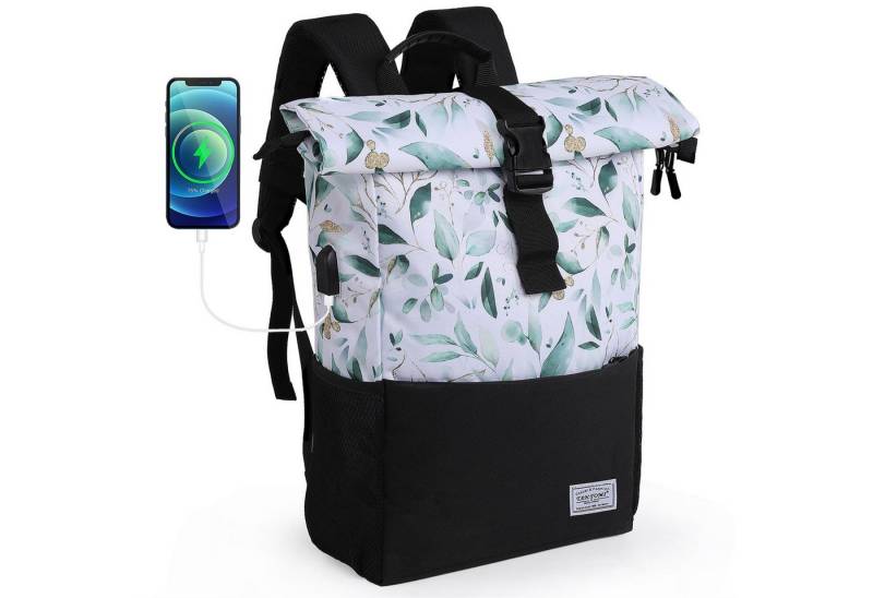 TAN.TOMI Freizeitrucksack Arbeitsrucksack Groß Damen lässiger Rolltop Rucksack Herren Backpack, mit Laptopfach bis 15,6 zoll und externen USB-Anschluss von TAN.TOMI