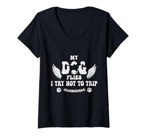 Damen Mein Hund fliegt Ich versuche, Hund Nicht zu stolpern Agility Retro Groovy Dog T-Shirt mit V-Ausschnitt Damen Mein Hund fliegt Ich versuche, Hund Nicht zu stolpern Agility Retro Groovy Dog T-Shirt mit V-Ausschnitt von Fast Dog Slow Human - Agility Handler