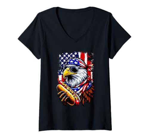 Damen Eagle Sunglasses Eating Hotdog 4th Of July US Flag Patriotic T-Shirt mit V-Ausschnitt Damen Eagle Sunglasses Eating Hotdog 4th Of July US Flag Patriotic T-Shirt mit V-Ausschnitt von Fast Food 4th Of July Costume