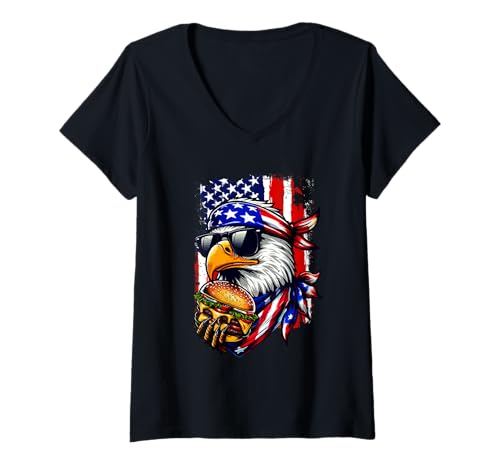 Damen Eagle Sunglasses Eating Humberger 4th July US Flag Patriotic T-Shirt mit V-Ausschnitt Damen Eagle Sunglasses Eating Humberger 4th July US Flag Patriotic T-Shirt mit V-Ausschnitt von Fast Food 4th Of July Costume