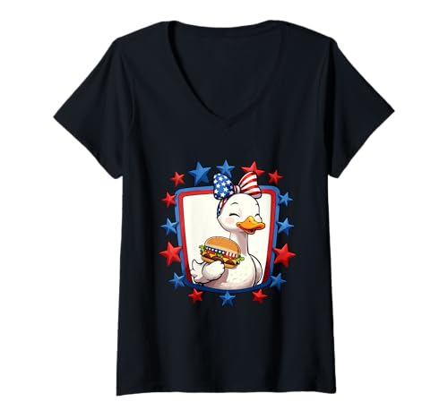 Damen Goose Bow Tie Eating Hamburger 4th Of July US Flag Patriotic T-Shirt mit V-Ausschnitt Damen Goose Bow Tie Eating Hamburger 4th Of July US Flag Patriotic T-Shirt mit V-Ausschnitt von Fast Food 4th Of July Costume