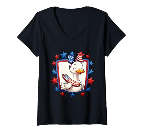 Damen Goose Bow Tie Eating Sausage 4th Of July US Flag Patriotic T-Shirt mit V-Ausschnitt Damen Goose Bow Tie Eating Sausage 4th Of July US Flag Patriotic T-Shirt mit V-Ausschnitt von Fast Food 4th Of July Costume