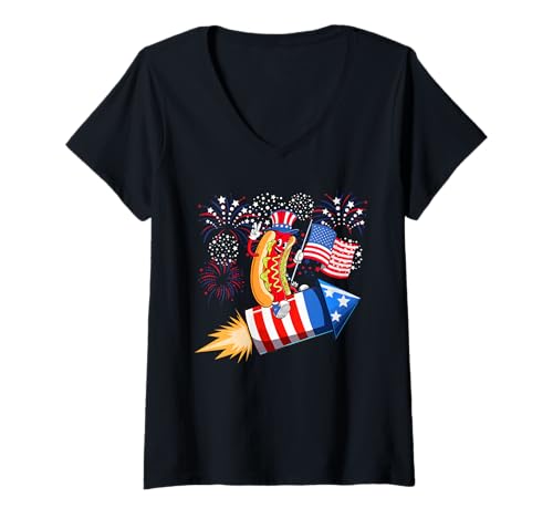 Damen Hot Dog Riding Firecracker 4th Of July Fast Food Lover Kids T-Shirt mit V-Ausschnitt von Fast Food 4th Of July Costume