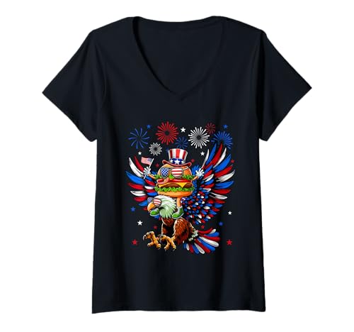 Damen Patriotic Squad 4th July Hamburger Riding Eagle Sunglasses T-Shirt mit V-Ausschnitt Damen Patriotic Squad 4th July Hamburger Riding Eagle Sunglasses T-Shirt mit V-Ausschnitt von Fast Food 4th Of July Costume