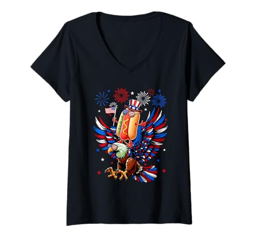 Damen Patriotic Squad 4th Of July Hotdog Riding Eagle Sunglasses T-Shirt mit V-Ausschnitt Damen Patriotic Squad 4th Of July Hotdog Riding Eagle Sunglasses T-Shirt mit V-Ausschnitt von Fast Food 4th Of July Costume