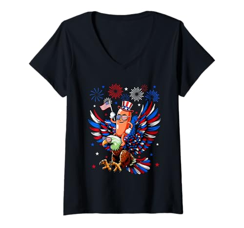 Damen Patriotic Squad 4th Of July Sausage Riding Eagle Sunglasses T-Shirt mit V-Ausschnitt Damen Patriotic Squad 4th Of July Sausage Riding Eagle Sunglasses T-Shirt mit V-Ausschnitt von Fast Food 4th Of July Costume