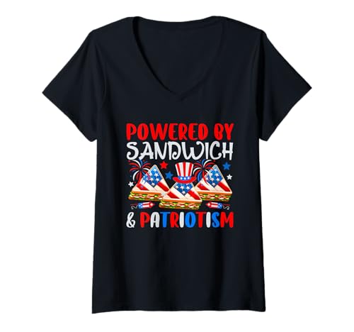 Damen Powered By Sandwich & Patriotism 4th July US Flag Patriotic T-Shirt mit V-Ausschnitt von Fast Food 4th Of July Costume