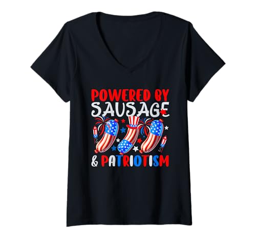 Damen Powered By Sausage & Patriotism 4th July US Flag Patriotic T-Shirt mit V-Ausschnitt von Fast Food 4th Of July Costume