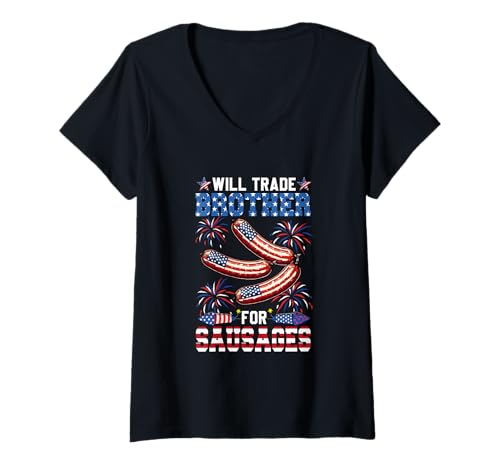 Damen Will Trade Brother For Sausages 4th Of July US Flag Family T-Shirt mit V-Ausschnitt Damen Will Trade Brother For Sausages 4th Of July US Flag Family T-Shirt mit V-Ausschnitt von Fast Food 4th Of July Costume