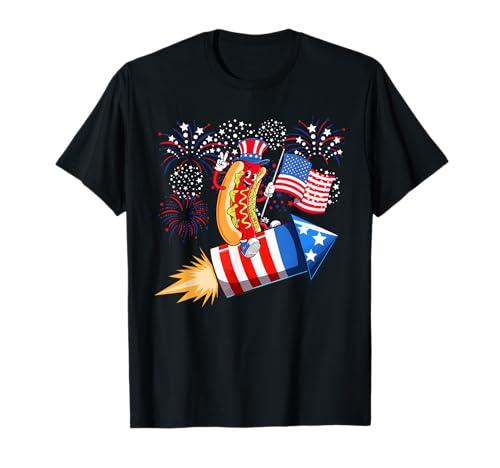Hot Dog Riding Firecracker 4th Of July Fast Food Lover Kids T-Shirt von Fast Food 4th Of July Costume