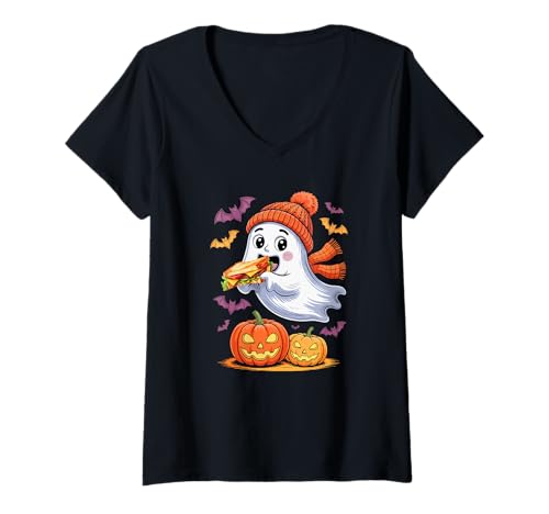 Damen Cute Boo Ghost Eating Sandwich Halloween Food Lover Kids T-Shirt mit V-Ausschnitt Damen Cute Boo Ghost Eating Sandwich Halloween Food Lover Kids T-Shirt mit V-Ausschnitt von Fast Food Halloween Costume