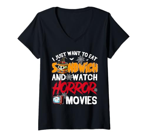 Damen Eat Sandwich And Watch Horror Movies Halloween Food Lover T-Shirt mit V-Ausschnitt von Fast Food Halloween Costume