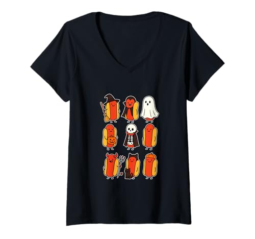 Damen Gruppe Hot Dogs Cosplay Hexe Boo Geister Halloween Essen T-Shirt mit V-Ausschnitt von Fast Food Halloween Costume