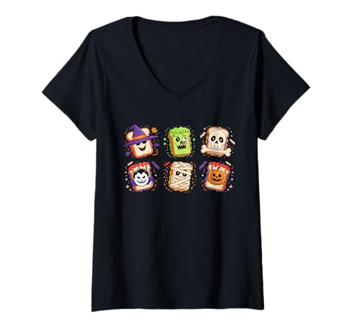Damen Gruppen-Horror-Sandwiches als Hexenmumie Zombie Halloween T-Shirt mit V-Ausschnitt von Fast Food Halloween Costume