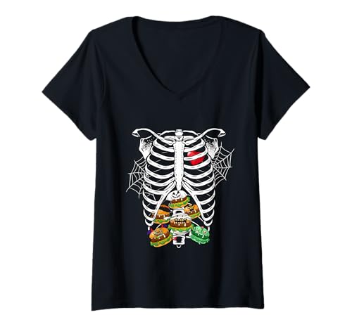 Damen Horror Hamburger Skeleton Rib Cage Cosplay X-ray Halloween T-Shirt mit V-Ausschnitt von Fast Food Halloween Costume