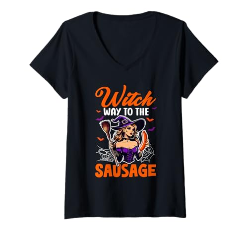 Damen Way to The Sausage Halloween Witch Funny Costume Food Lover T-Shirt mit V-Ausschnitt Damen Way to The Sausage Halloween Witch Funny Costume Food Lover T-Shirt mit V-Ausschnitt von Fast Food Halloween Costume