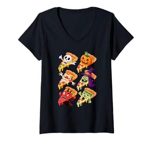 Damen Halloween Pizzen Fast Food Pizzastück Skelett Hexe Mumie T-Shirt mit V-Ausschnitt Damen Halloween Pizzen Fast Food Pizzastück Skelett Hexe Mumie T-Shirt mit V-Ausschnitt von Fast Food Pizzas Pizza Lover Gifts