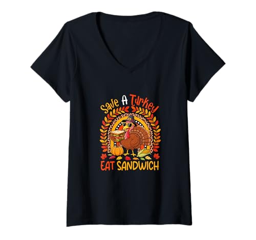 Damen Eat Sandwich Save Turkey Thanksgiving Autumn Rainbow Turkey T-Shirt mit V-Ausschnitt Damen Eat Sandwich Save Turkey Thanksgiving Autumn Rainbow Turkey T-Shirt mit V-Ausschnitt von Fast Food Thanksgiving Costume