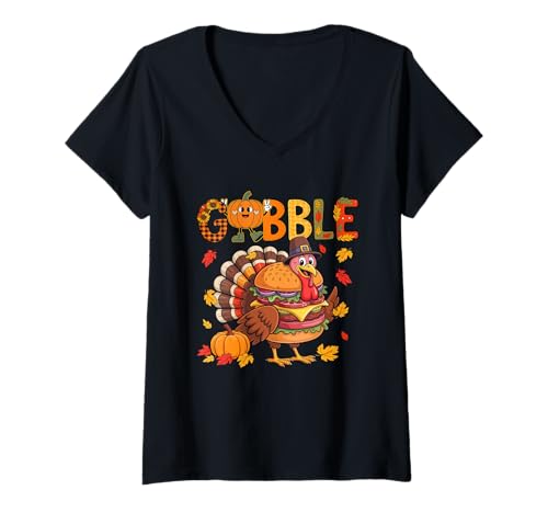 Damen Gobble Thanksgiving Turkey As Hamburger Matching Food Lover T-Shirt mit V-Ausschnitt Damen Gobble Thanksgiving Turkey As Hamburger Matching Food Lover T-Shirt mit V-Ausschnitt von Fast Food Thanksgiving Costume