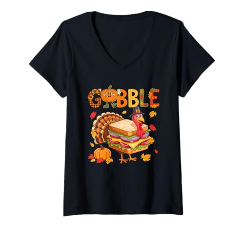 Damen Gobble Thanksgiving Turkey As Sandwich Matching Food Lover T-Shirt mit V-Ausschnitt Damen Gobble Thanksgiving Turkey As Sandwich Matching Food Lover T-Shirt mit V-Ausschnitt von Fast Food Thanksgiving Costume