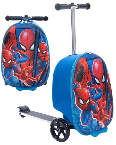 Fast Forward Spiderman Koffer-Scooter für Jungen – 45,7 cm Leichter Aufsitzkoffer für Kinder – 10,2 cm breiteres rutschfestes Standdeck mit Gewichtsbegrenzung (Gepäck 5 kg und Roller 45,4 kg), Blau, von Fast Forward