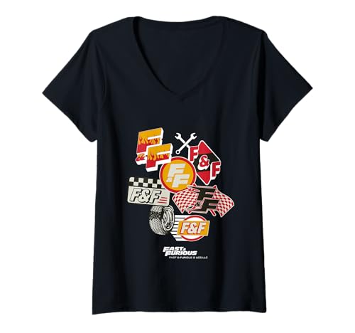 Damen F&F-Ikonen von Fast & Furious zum Film-Merchandise T-Shirt mit V-Ausschnitt Damen F&F-Ikonen von Fast & Furious zum Film-Merchandise T-Shirt mit V-Ausschnitt von Fast & Furious Movie