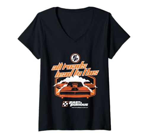 Damen Fast & Furious-Film-Merch Alle Wege führen T-Shirt mit V-Ausschnitt Damen Fast & Furious-Film-Merch Alle Wege führen T-Shirt mit V-Ausschnitt von Fast & Furious Movie