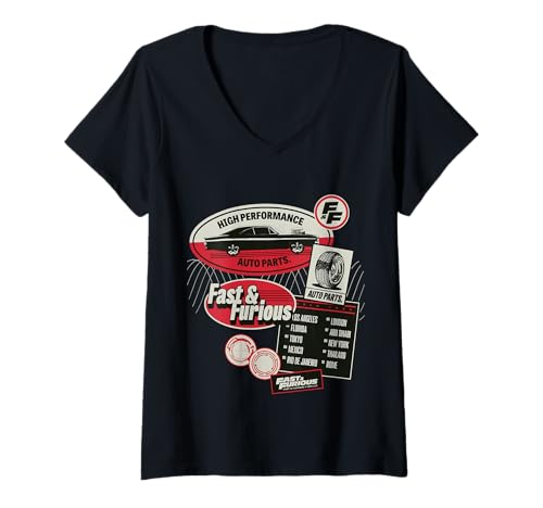 Damen Fast & Furious Movie Merch Hochleistungs-Autoteile T-Shirt mit V-Ausschnitt Damen Fast & Furious Movie Merch Hochleistungs-Autoteile T-Shirt mit V-Ausschnitt von Fast & Furious Movie