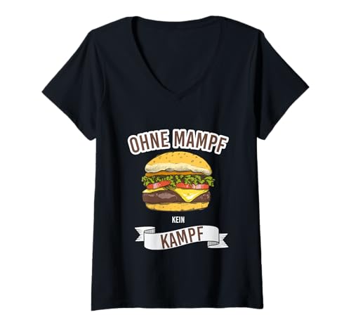 Damen Vielfraß Ohne Mampf kein Kampf Fast Food T-Shirt mit V-Ausschnitt von Fastfood Liebhaber