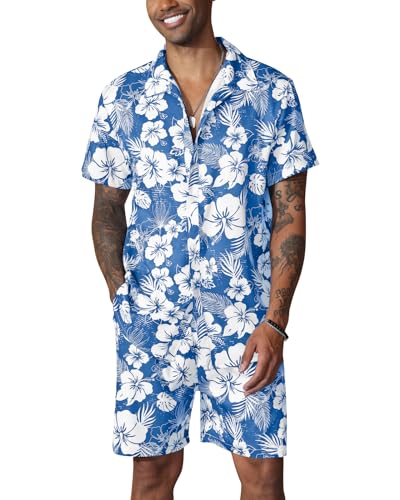 Fastkoala Herren Hawaii Set Outfit Trainingsanzug Männer Zweiteiler Anzüge Sommer Strand Urlaub Geblümt Hemden Shorts Blau XXL von Fastkoala