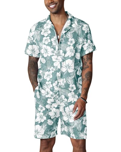 Fastkoala Herren Hawaii Set Outfit Trainingsanzug Männer Zweiteiler Anzüge Sommer Strand Urlaub Geblümt Hemden Shorts Grün XXL von Fastkoala