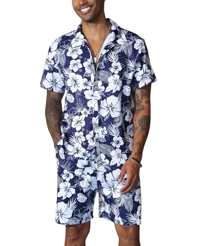 Fastkoala Herren Hawaii Set Outfit Trainingsanzug Männer Zweiteiler Anzüge Sommer Strand Urlaub Geblümt Hemden Shorts Marine XXXL von Fastkoala