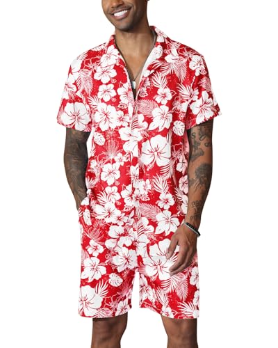 Fastkoala Herren Hawaii Set Outfit Trainingsanzug Männer Zweiteiler Anzüge Sommer Strand Urlaub Geblümt Hemden Shorts Rot XXL von Fastkoala