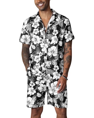 Fastkoala Herren Hawaii Set Outfit Trainingsanzug Männer Zweiteiler Anzüge Sommer Strand Urlaub Geblümt Hemden Shorts Schwarz XXL von Fastkoala