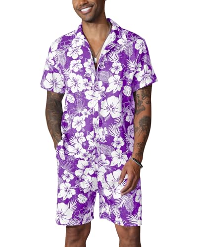 Fastkoala Herren Hawaii Set Outfit Trainingsanzug Männer Zweiteiler Anzüge Sommer Strand Urlaub Geblümt Hemden Shorts lila XXL von Fastkoala