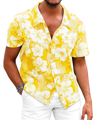 Fastkoala Herren Hawaiihemd Hemden Männer Strandhemd Tropische Geblümtes Hawaiianisch Urlaub Sommer Durchgehend Gelb XL von Fastkoala