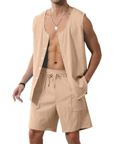 Fastkoala Herren Trainingsanzug Outfit Set Zweiteiler Anzüge Sommer Ärmellos Weste & Short 2 Teiler Khaki XXXL von Fastkoala