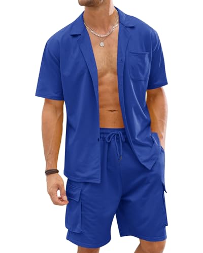 Fastkoala Herren Trainingsanzug Outfit Set Zweiteiler Knopf Anzüge Sommer Hemden & Kurze Jogginganzüge 2 Teiler Blau XXL von Fastkoala