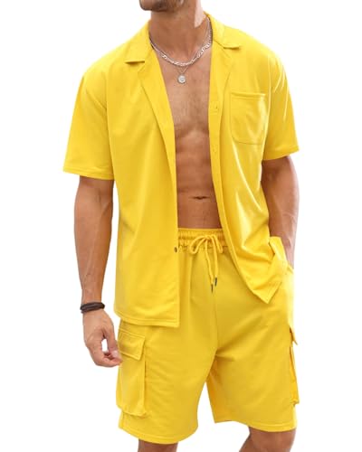 Fastkoala Herren Trainingsanzug Outfit Set Zweiteiler Knopf Anzüge Sommer Hemden & Kurze Jogginganzüge 2 Teiler Gelb L von Fastkoala