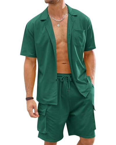 Fastkoala Herren Trainingsanzug Outfit Set Zweiteiler Knopf Anzüge Sommer Hemden & Kurze Jogginganzüge 2 Teiler Grün XXL von Fastkoala